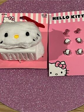 Hello Kitty White Plush Hair Clamp with Pink Bow & Matching Pink Stud Earrings
